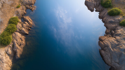Top view of calm bay rocky shoreline blue water sky reflection peaceful nature tranquil outdoor landscape serene mood