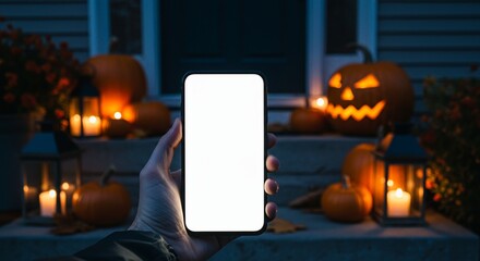 Hand holding blank-screen smartphone with large jack-o’-lantern on right; fall porch with candles and lanterns, negative space perfect for Halloween ads and apps