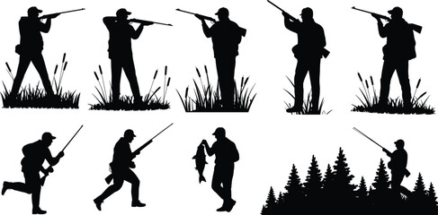 Silhouettes of hunters with rifles and fishermen holding fish, outdoor hunting, fishing activities, wildlife adventure, nature, forest, sport, hunting season, outdoor recreation.
