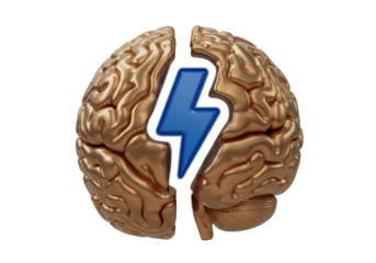 Isolated Brain Power Concept With Copper Brain Halves and Blue Lightning Bolt Icon