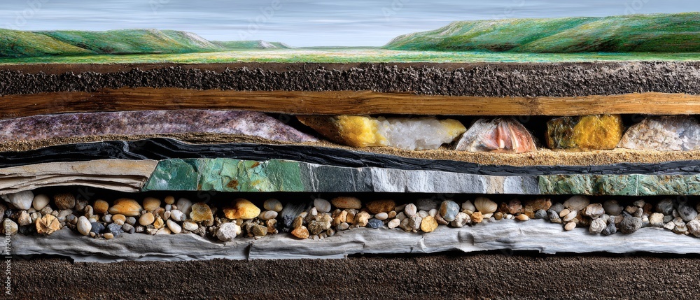Poster geology fossil strata concept. cross-section of geological layers showcasing various rock formations