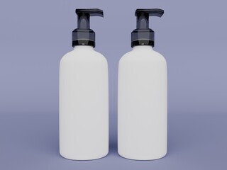 Cosmetic pump bottle mockup set for a spa or salon brand. Two unbranded containers for displaying shampoo, soap, or lotion packaging on a pastel lavender background