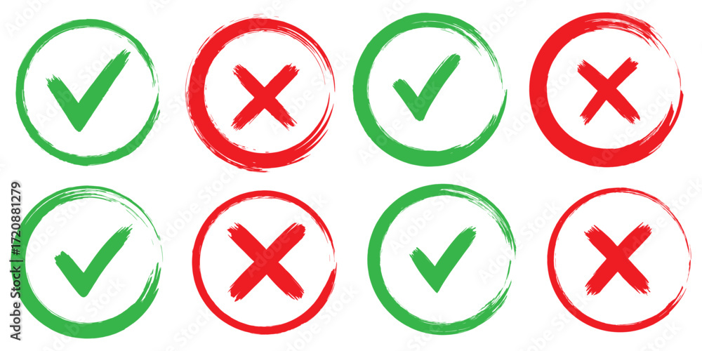 Aufkleber set of tick and cross brush icon collection. grunge brush stroke checkboxes with tick and cross symb