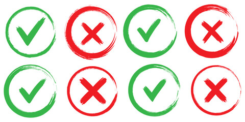Set of tick and cross brush icon collection. Grunge brush stroke checkboxes with tick and cross symbols. Hand drawn checklist symbols. Green check mark and red cross mark vector icons. EPS 10