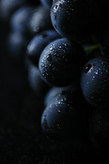 Fresh black grapes close up, organic fruit, healthy food