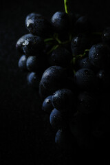 Fresh black grapes close up, organic fruit, healthy food