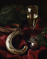 A still life for the New Year 2026, the Year of the Horse. An exquisite, elegant golden horseshoe and leather bridle are placed on a dark crimson velvet tablecloth next to a champagne glass and vintag