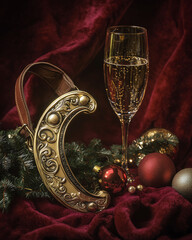 A still life for the New Year 2026, the Year of the Horse. An exquisite, elegant golden horseshoe and leather bridle are placed on a dark crimson velvet tablecloth next to a champagne glass and vintag
