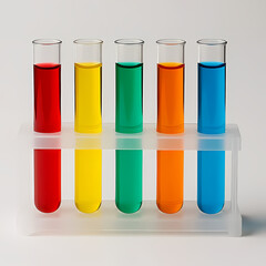 A set of test tubes with colorful liquids on plain background