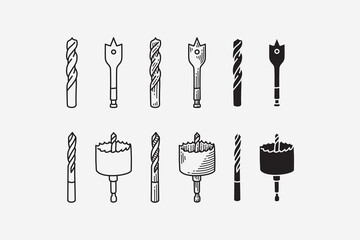 twist bit, spade bit, masonry bit, hole saw line icon set. woodworking drill bits silhouette symbol pack. construction power tool drill engraving element design bundle. Vector illustration