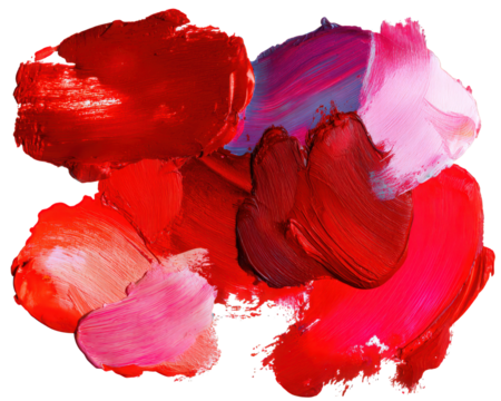 Vivid red, pink, and purple brush strokes create abstract art composition with expressive texture and dynamic movement on transparency background