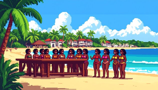 Pixel art beach scene. Diverse women gathered at a long wooden table on a tropical beach, enjoying the sun
