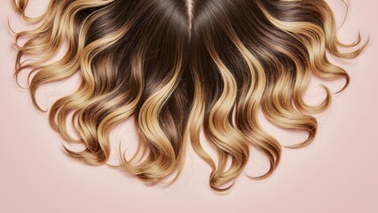 Naklejka premium Beautiful wavy hair with blonde highlights styled on a pink background showcasing elegance and style
