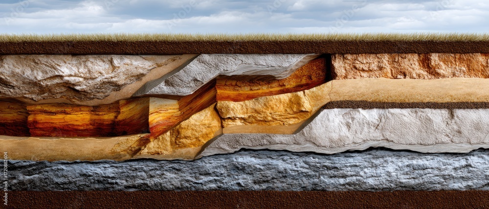Poster geology fossil strata concept. cross-sectional view of geological layers showcasing different rock f