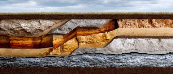geology fossil strata concept. Cross-sectional view of geological layers showcasing different rock formations.
