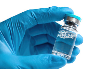 A hand holding a vial filled with a clear liquid vaccine against disease transparent