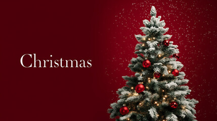 Christmas tree on red background with ornaments and snow holiday season