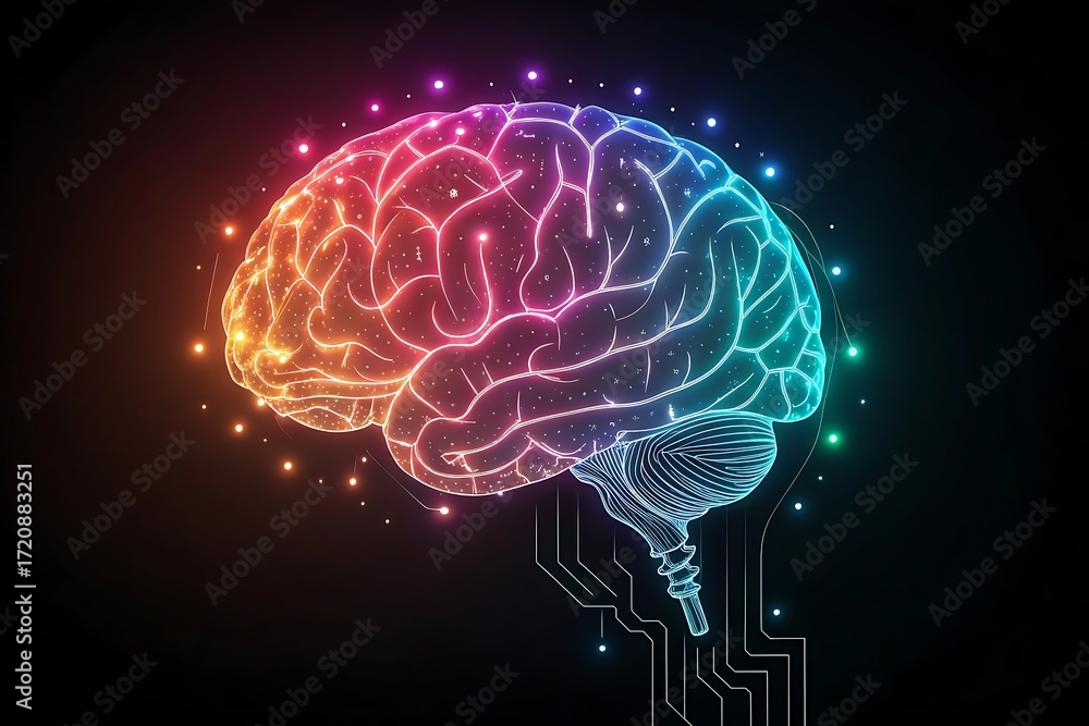 Poster abstract glowing human brain with colorful lights and particles on a dark background, representing a