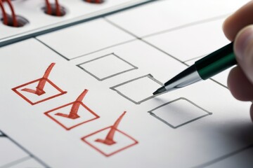 Businessman is checking boxes on a checklist with a red marker in an office