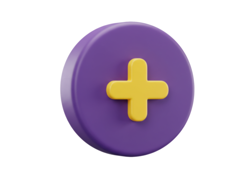 Isolated purple button with yellow plus sign for application or website interface design