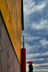 曇天を眺める赤い傘の女性