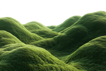 Abstract digital rendering of rolling hills covered in lush green grass against a black sky transparent
