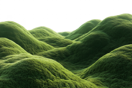 Abstract digital rendering of rolling hills covered in lush green grass against a black sky transparent