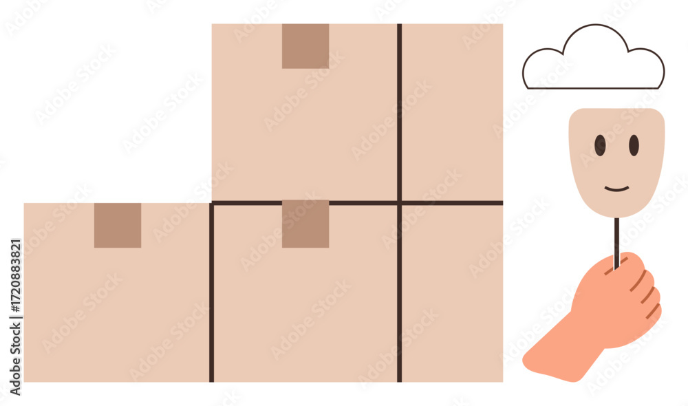 Aufkleber stacked rectangular boxes symbolize storage or shipment. hand holds a smiling mask conveying identit