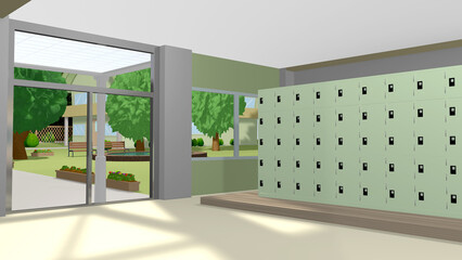 学校の玄関や職員室前を背景にするアニメーションに最適なイラスト（使用するアニメーションに合わせて多種多様のアングルを準備しました）