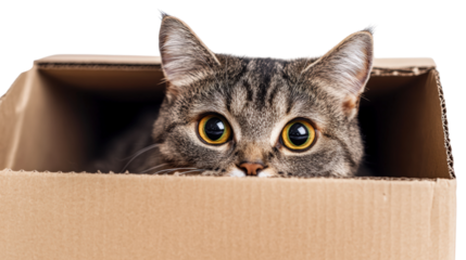 Tabby cat peeking from a cardboard box isolated on a transparent background 