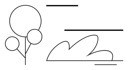 Geometric tree and cloud shapes framed by minimalist horizontal lines. Ideal for nature, simplicity, peacefulness, modern design, balance, harmony, clean aesthetics, and a simple flat metaphor