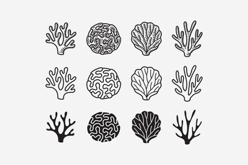 branching, brain, sea fan, staghorn coral line icon set. coral reef silhouette symbol pack. marine coral engraving element design bundle. marine, beach, ocean, coastal. vector illustration.