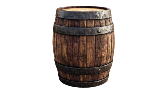Wooden barrel with metal bands isolated on a transparent background