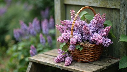 Basket of Lilac Flowers on Wooden Surface