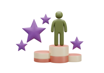 Isolated achievement concept, green character standing on pedestal, stars above, success