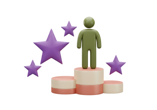 Isolated achievement concept, green character standing on pedestal, stars above, success