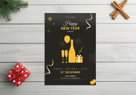 Happy New Year Party Flyer with Golden Sparkles