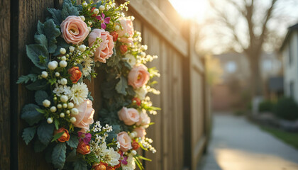 Floral wreath on wooden fence with sunset light