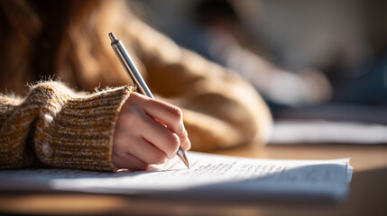 World Student’s Day student writing exam in classroom focusing on study, education, academic achievement, knowledge, and future learning success