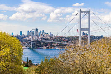 Istanbul, Turkey - March 31, 2025:Panoramic view of the Bosphorus Bridge (15 July Martyrs Bridge) in Istanbul, Turkey, with the city skyline, skyscrapers, and Turkish national flag on a clear sunny