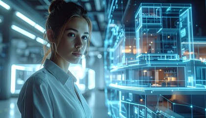 A serious expression stands next to a digitally projected futuristic architectural project. This image represents the fusion of technology, innovation, and design, highlighting the role of women in te