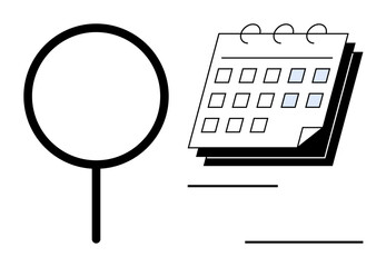 Magnifying glass beside a calendar with marked dates, symbolizing scheduling, planning, event review. Ideal for productivity, time management, event scheduling, appointments, task analysis