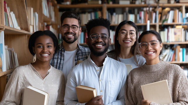 World Student’s Day group of happy diverse students in library celebrating education, knowledge, learning, academic success, and global youth empowerment