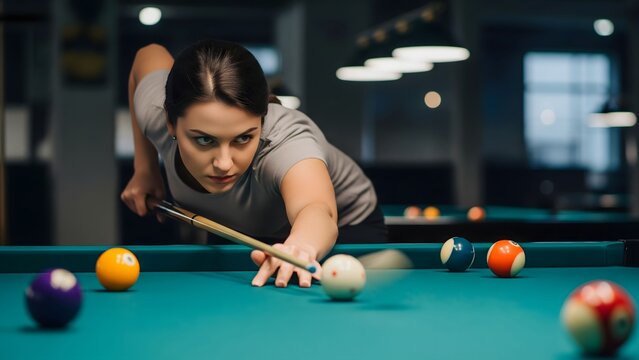 Young woman focuses intently while playing billiards in a cozy bar setting at night