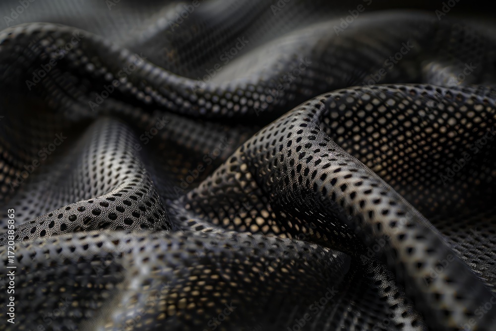 Poster close up of black mesh fabric creating dynamic waves and folds, highlighting its texture and flexibi