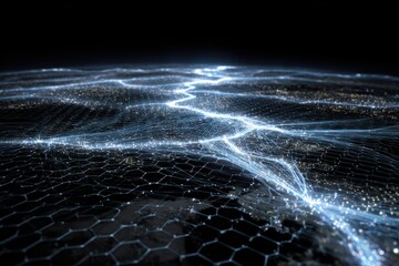 Abstract Network Connections Over Earth in Dark Space, Illuminated Lines Forming a Hexagonal Grid Pattern
