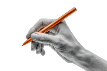 Artistic hand holding orange pen writing or drawing against transparent background