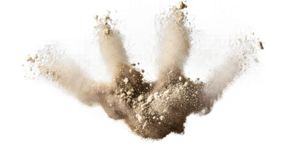 An energetic explosion of dry earth or clay powder captured mid-air, with fine particles and dust scattering dynamically, isolated on a white background
