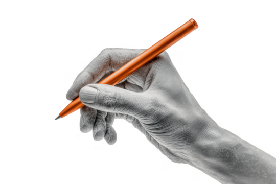 Artistic hand holding orange pen writing or drawing against transparent background