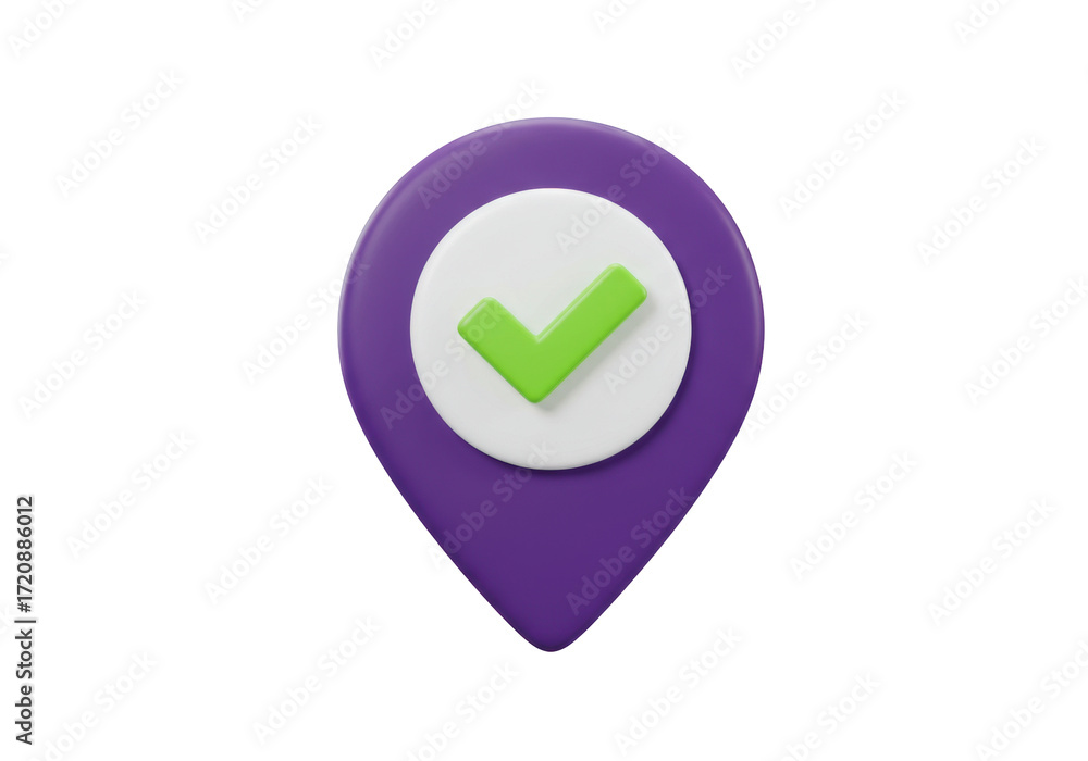 Poster isolated location pin with check mark indicates business validated for gps maps usage